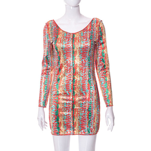 Casual Print Reverse Fit Slim Long Sleeve Short Dress