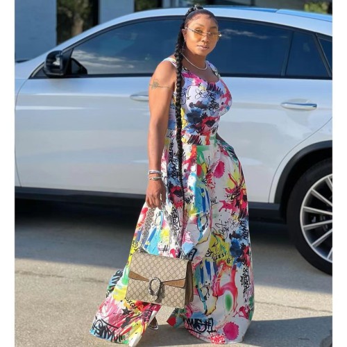 Casual loose street graffiti print two-piece set