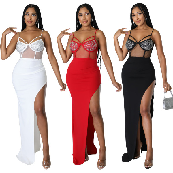 Paneled Mesh Special Hot-Drilled Multi-Color Multi-Size Dress