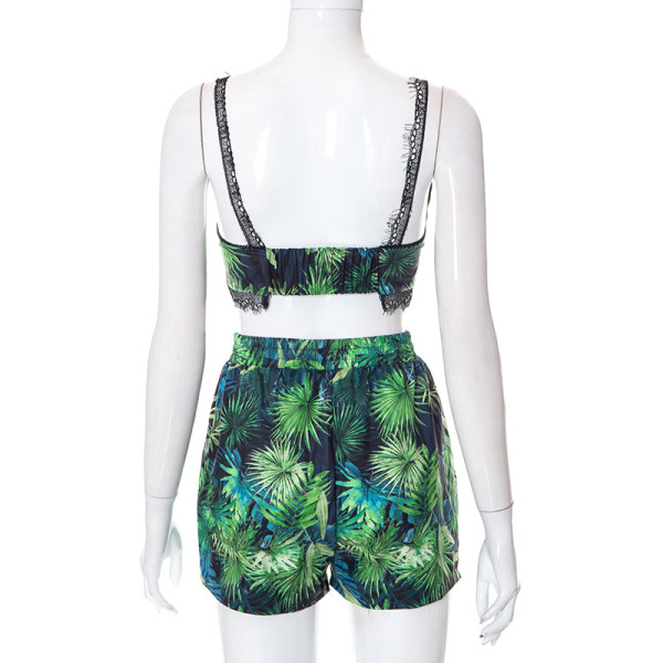 Printed Sexy Sling Lace Crop Tank Top Shorts Set