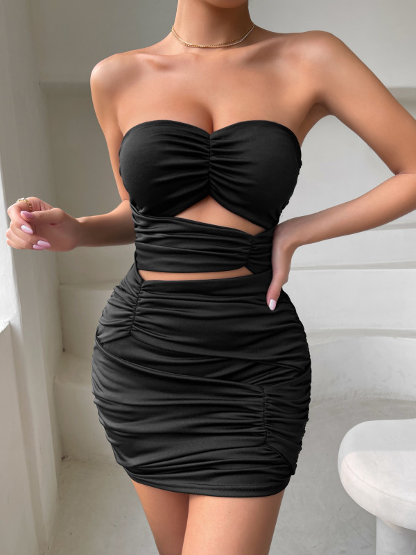 Women's pleated dress sexy tube top hollow bag hip skirt