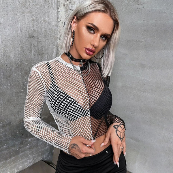 Sexy Two-Tone Paneled Mesh Long-Sleeve Slim Fit Crop Top