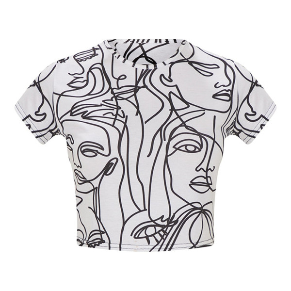 Depicted Print Sleeveless Crop T-Shirt Slit Skirt Set