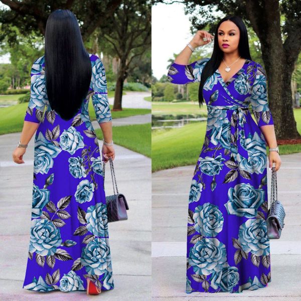 Women's Fashion Printed V-Neck High Waist Swing Dress