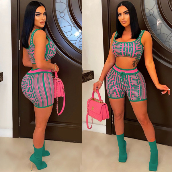 Multicolor Contrast Sexy Tank Top Shorts Two-Piece Set
