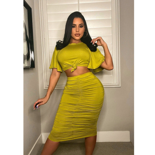 Short Sleeve Top + Pleated Bottom Skirt Solid Color Suit