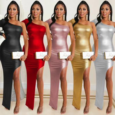Women's Slanted Collar One Shoulder Long Sleeve Irregular Split Long Skirt Dress