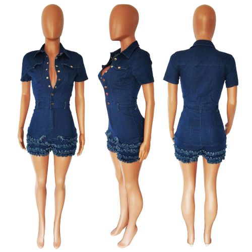 Fashion Denim Ruffle Slim Fit Fringed Raw Denim Jumpsuit