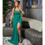 Fashion solid color elegant sexy V-neck suspender straps backless irregular dress long skirt women's clothing