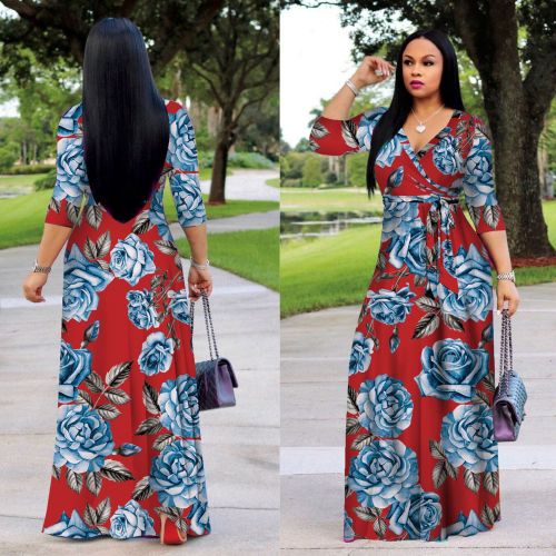 Women's Fashion Printed V-Neck High Waist Swing Dress