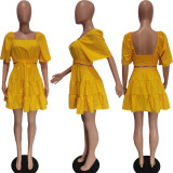 Solid Square Neck Cutout Ruffle Dress