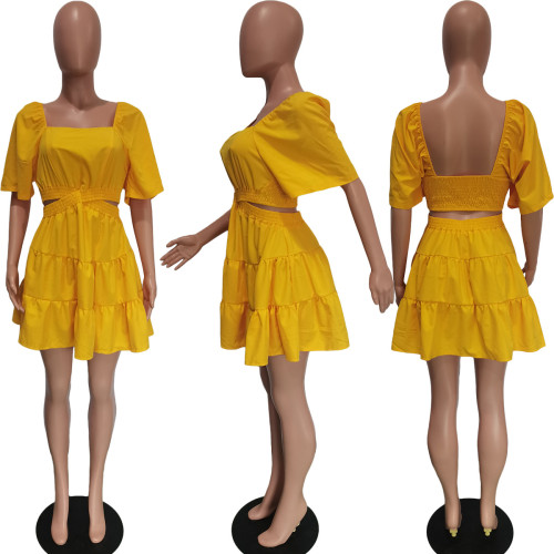 Solid Square Neck Cutout Ruffle Dress