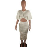 Short Sleeve Top + Pleated Bottom Skirt Solid Color Suit