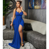 Fashion solid color elegant sexy V-neck suspender straps backless irregular dress long skirt women's clothing