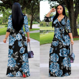 Women's Fashion Printed V-Neck High Waist Swing Dress