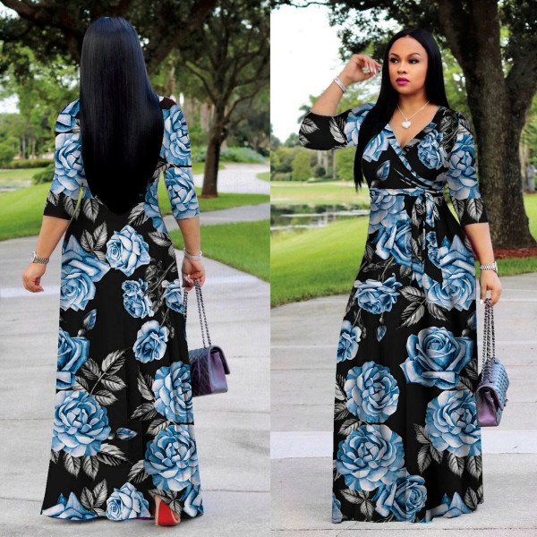 Women's Fashion Printed V-Neck High Waist Swing Dress