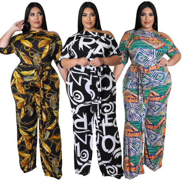 Plus Size Sexy Print Lace Up Fashion Jumpsuit