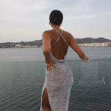 Fashion Print Cross Strap Backless Sexy Perspective Hip Dress