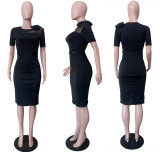 Solid Color Fitted Mesh Panel Off-Shoulder Neck Dress