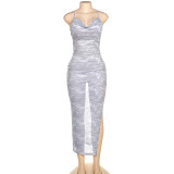 Fashion Print Cross Strap Backless Sexy Perspective Hip Dress