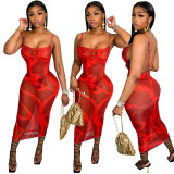 Sexy Mesh Positioner Print Sling Open Back Sheer Dress