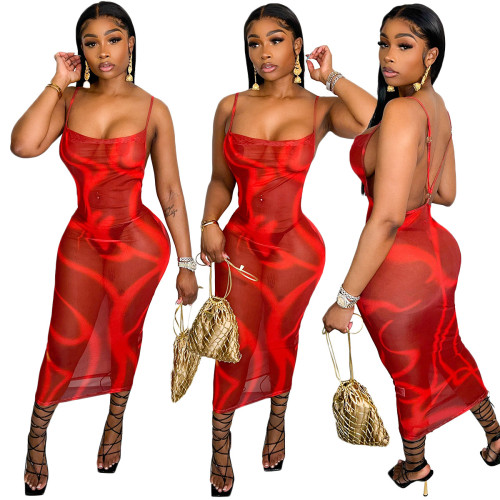 Sexy Mesh Positioner Print Sling Open Back Sheer Dress