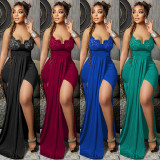 Fashion solid color elegant sexy V-neck suspender straps backless irregular dress long skirt women's clothing