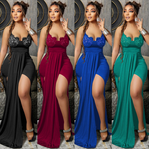 Fashion solid color elegant sexy V-neck suspender straps backless irregular dress long skirt women's clothing