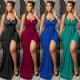 Fashion solid color elegant sexy V-neck suspender straps backless irregular dress long skirt women's clothing