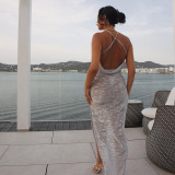 Fashion Print Cross Strap Backless Sexy Perspective Hip Dress