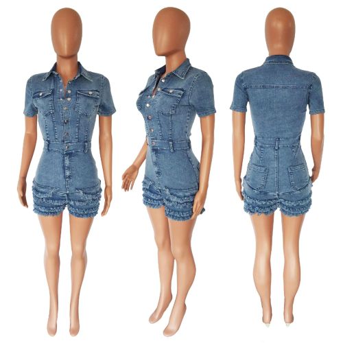 Fashion Denim Women's Fitted Frayed Fringed Denim Jumpsuit