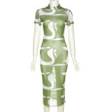 Women's Fashion Round Neck Short Sleeve Sexy Mesh Perspective Slim Print Dress