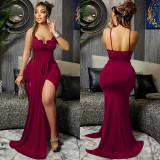 Fashion solid color elegant sexy V-neck suspender straps backless irregular dress long skirt women's clothing