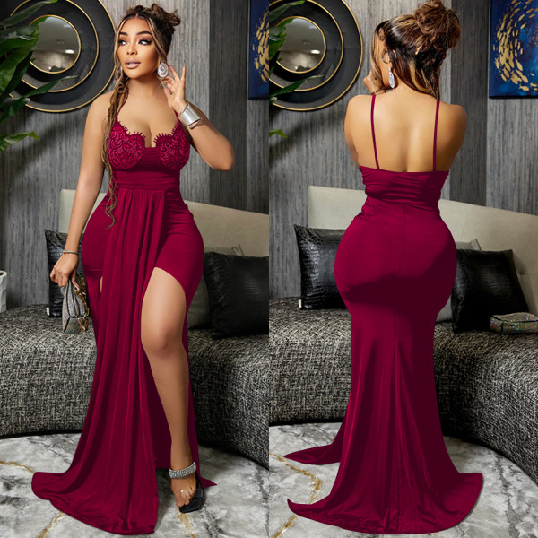 Fashion solid color elegant sexy V-neck suspender straps backless irregular dress long skirt women's clothing