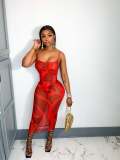 Sexy Mesh Positioner Print Sling Open Back Sheer Dress