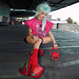 Street style fashion cartoon printing flying sleeves loose navel top K22L16681