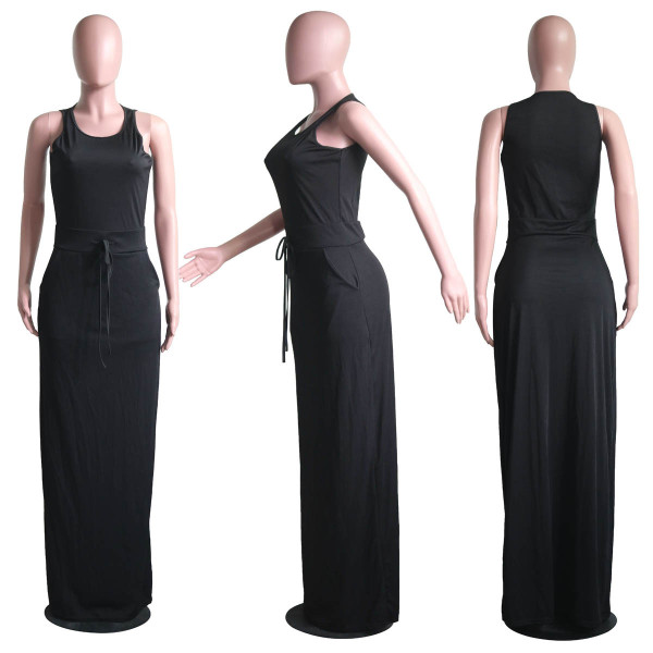 Casual Fashion U Neck Solid Color Short Sleeve Dress Beach Long Dress