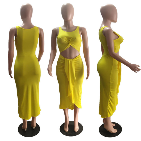 Solid Silky Sexy Cropped Navel Pleated Dress