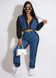 Casual denim paneled hooded suit