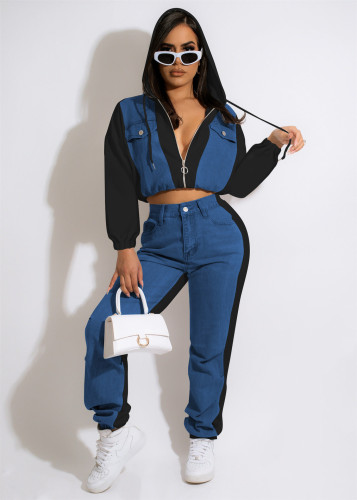 Casual denim paneled hooded suit