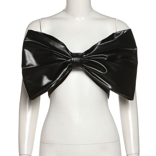 Fashion bow PU leather wrap chest open back slim vest