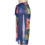 Women's Fashion Mesh Print Tie Irregular Slim Skirt