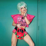 Street style fashion cartoon printing flying sleeves loose navel top K22L16681