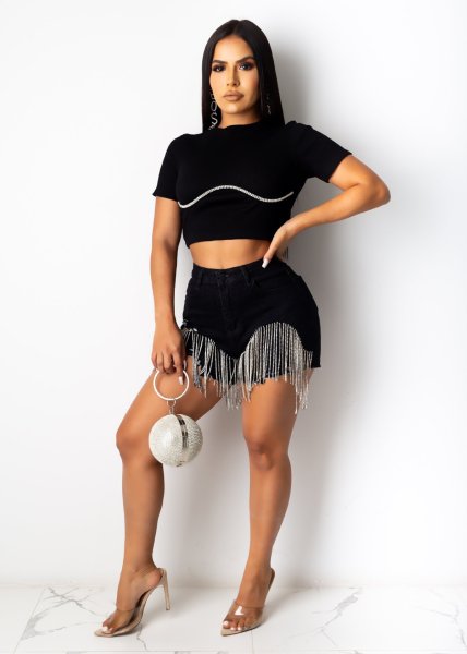 Women's Frayed Rhinestone Tassel Shorts Jeans
