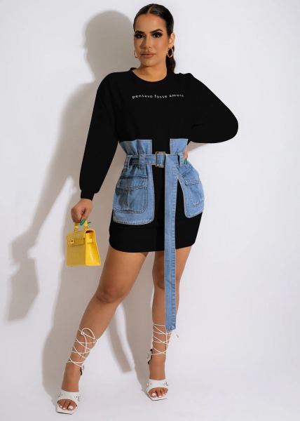 Letter-embroidered lace-up denim dress