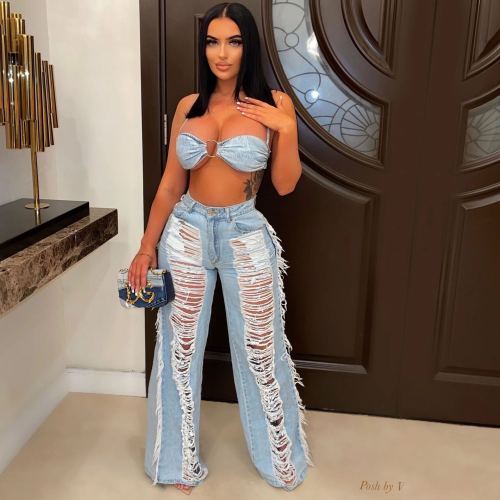 strapless halterneck ripped tassel suit