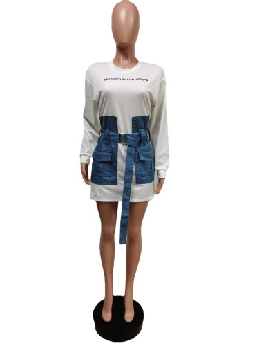 Letter-embroidered lace-up denim dress