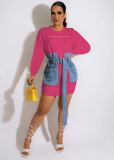 Letter-embroidered lace-up denim dress