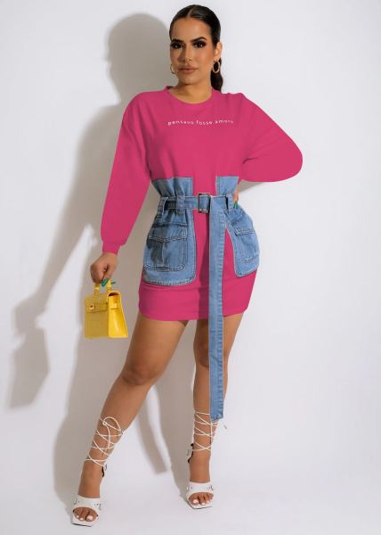 Letter-embroidered lace-up denim dress
