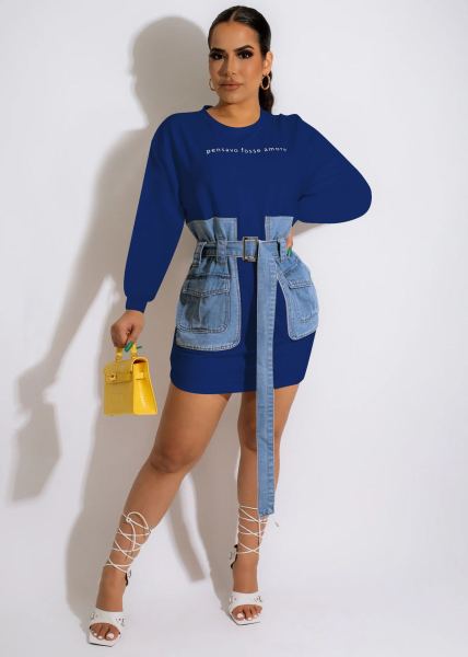 Letter-embroidered lace-up denim dress